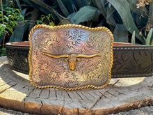 Load image into Gallery viewer, Western Long Horn Buckle with Floral Embossing Belt (black)
