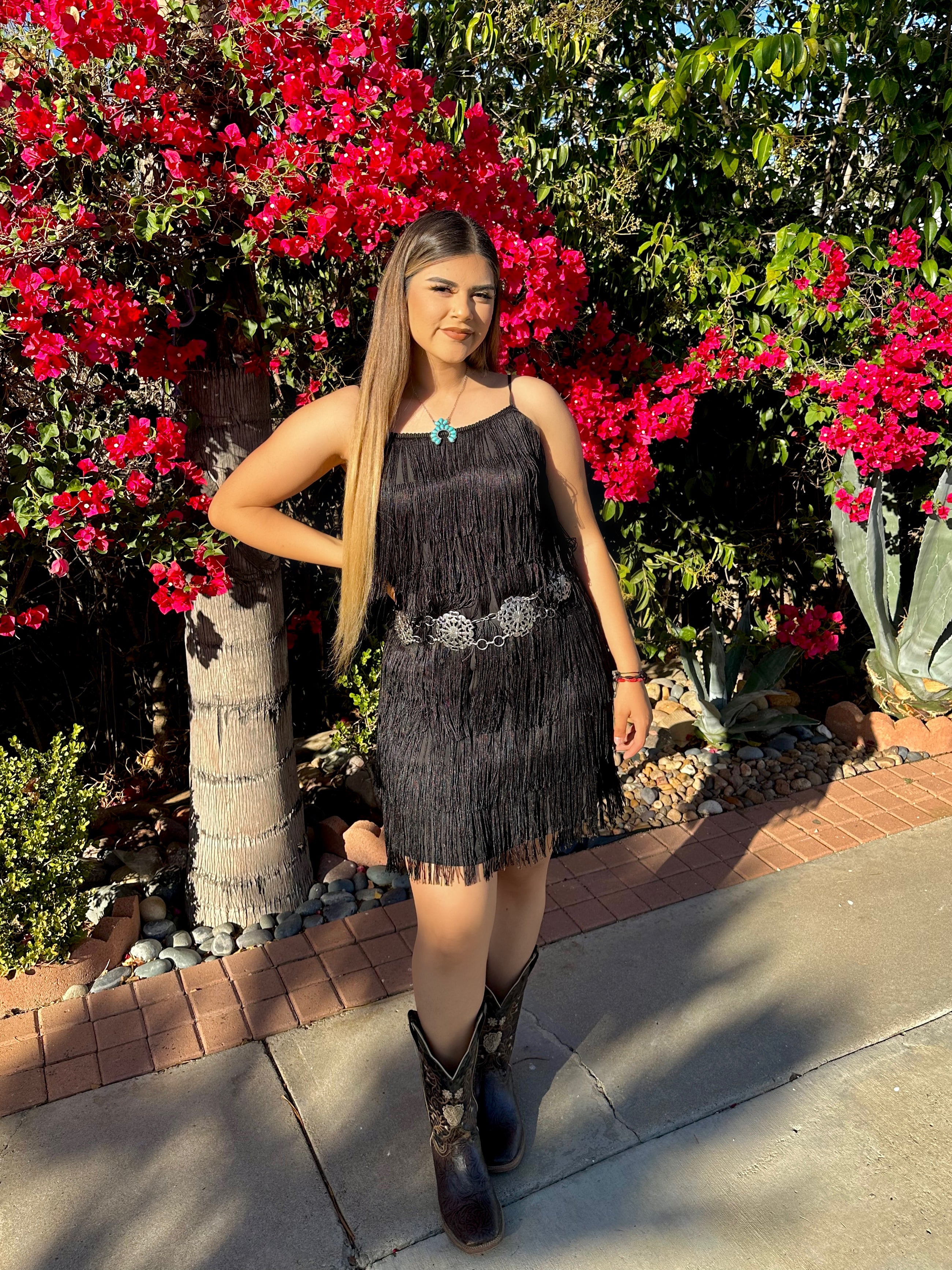 Black fringe cheap dress